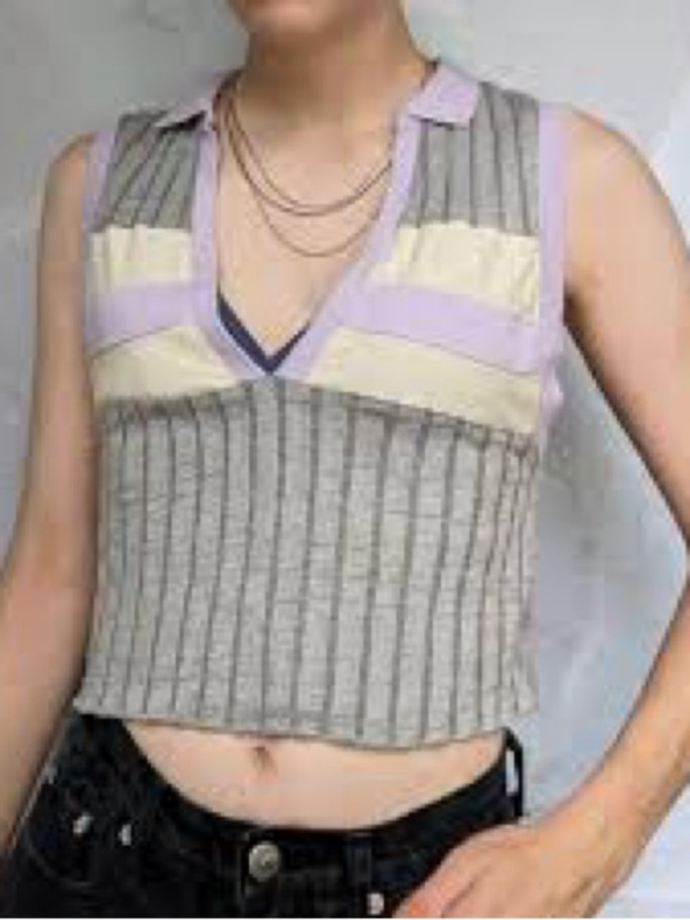 BDG Cropped Ribbed Polo Tank in Gray with Purple and Cream Stripes